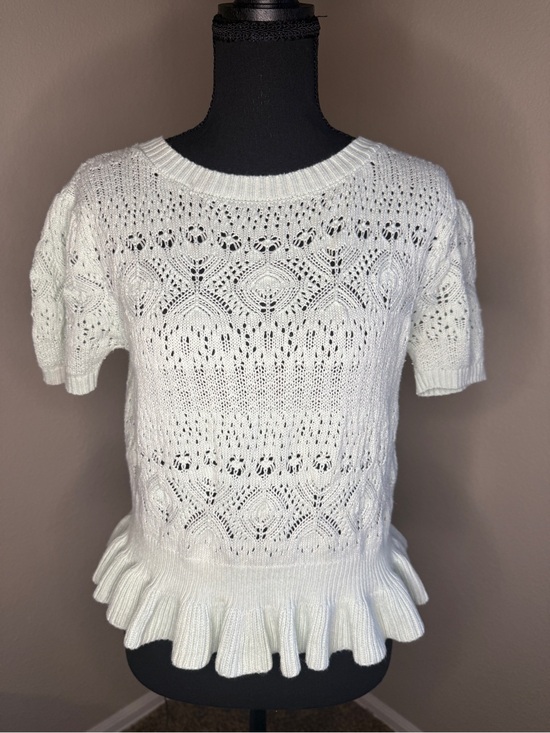 LC Lauren Conrad Tops - LC Lauren Conrad mint ruffle-hem crochet short Sleeve Sweater